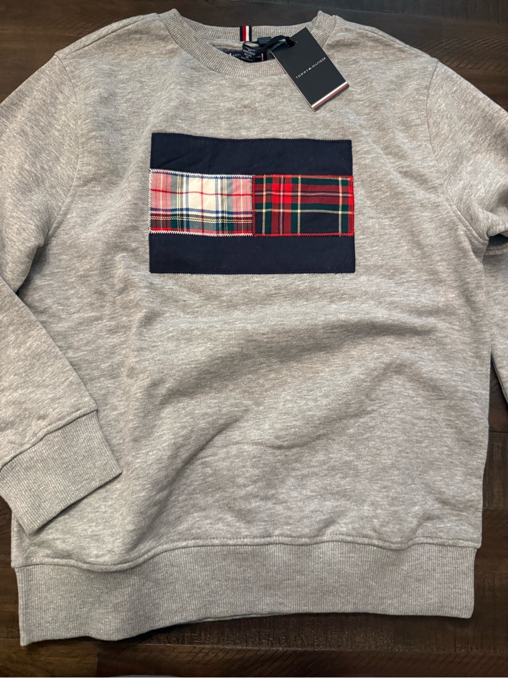 Tommy Hilfiger Gray Crewneck Sweater with Tartan Patch